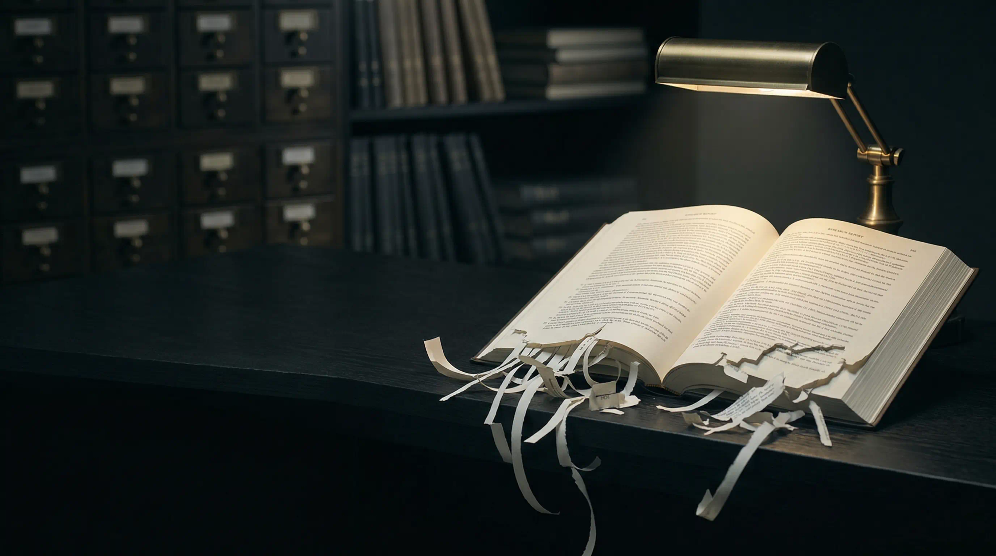 An open research report on a dark archive table, its polished footnotes physically unraveling into torn blank strips under a brass lamp
