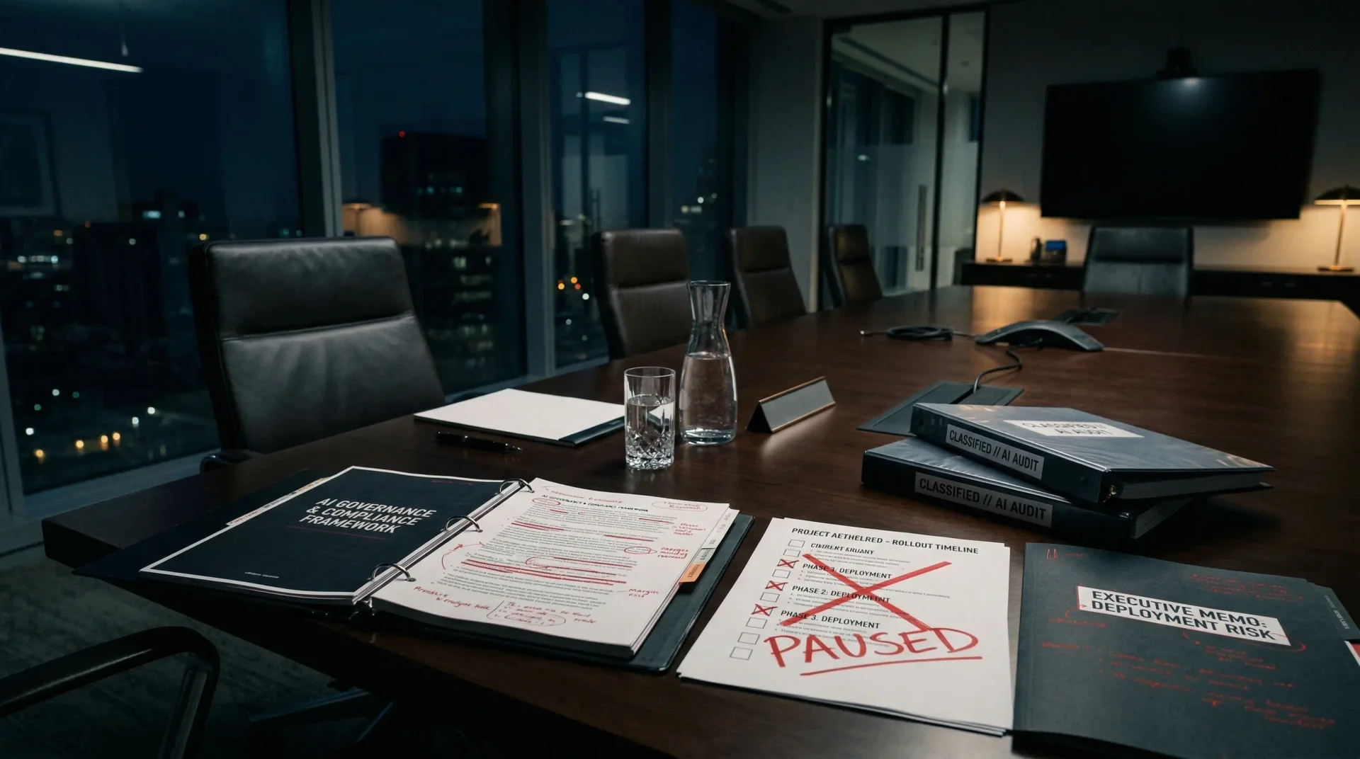 Late-night boardroom with a paused rollout plan and missing decision-maker seat