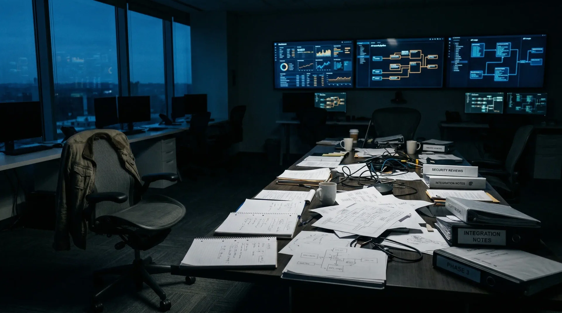 Dark operations room with disconnected dashboards and unfinished integration work