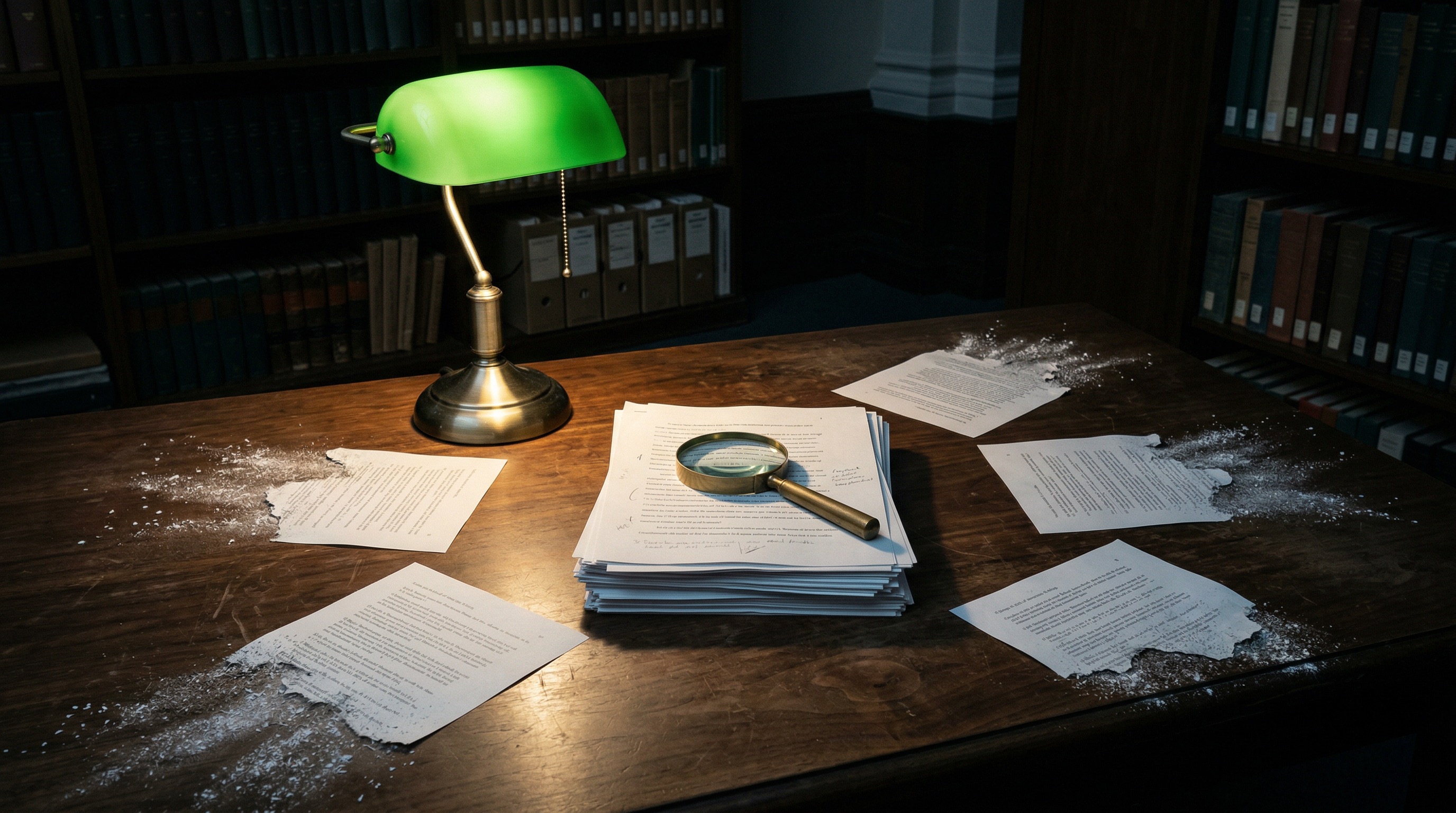 A dark research desk where only the verified papers remain under a single cone of light